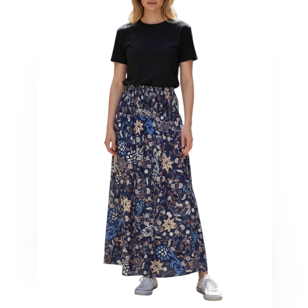 Floral Maxi Empire Waist Skirt - Blue and Cream Size L
